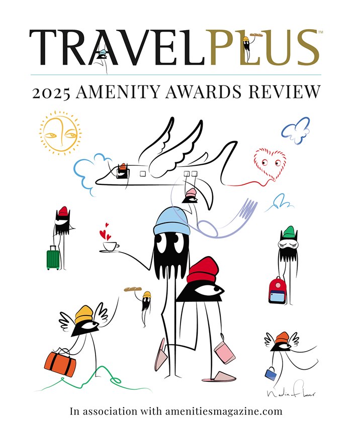Travel-inspired cover and pages of the 2025 Amenity Awards Review