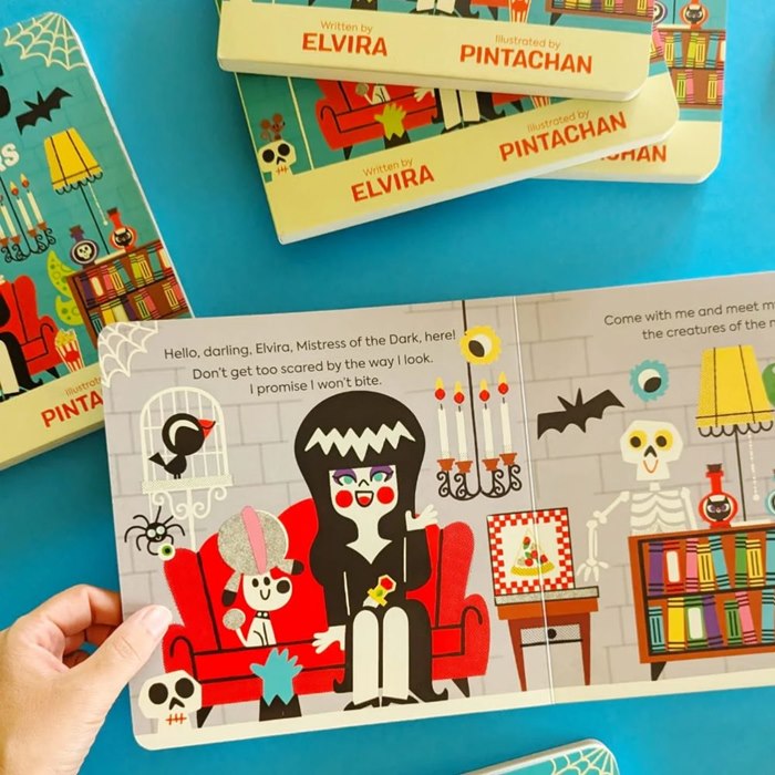 Official children’s board book featuring Elvira and spooky monsters