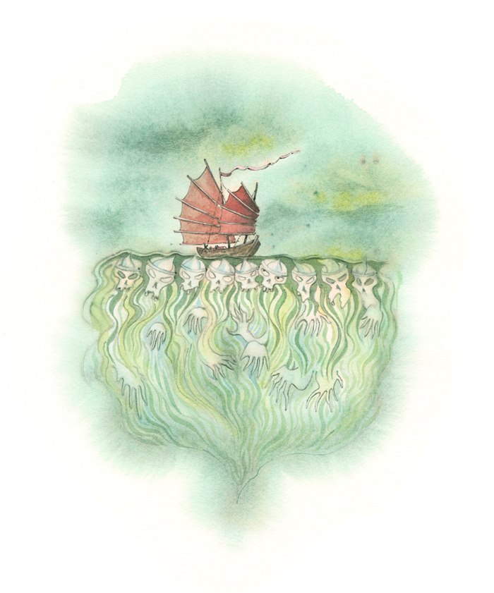 Whispers in the Waves eerie dreamlike book art