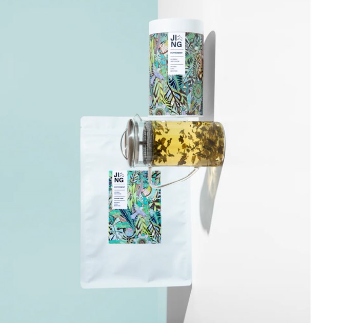 Elegant botanical pattern created for JING TEA herbal collection
