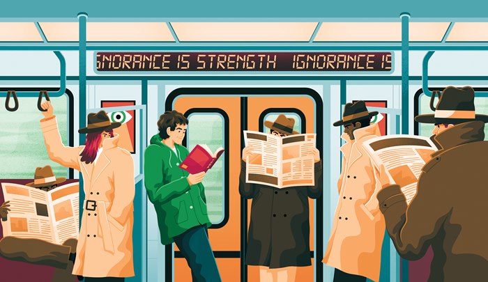 Illustration combining literature and architecture to represent Dallas culture