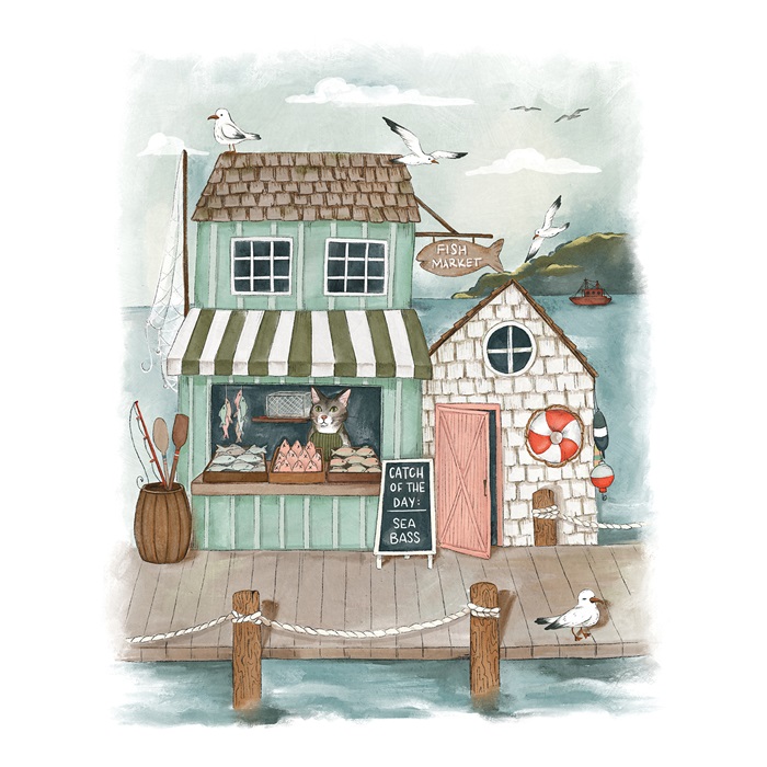 Dockside fish market with playful cats and flying seagulls