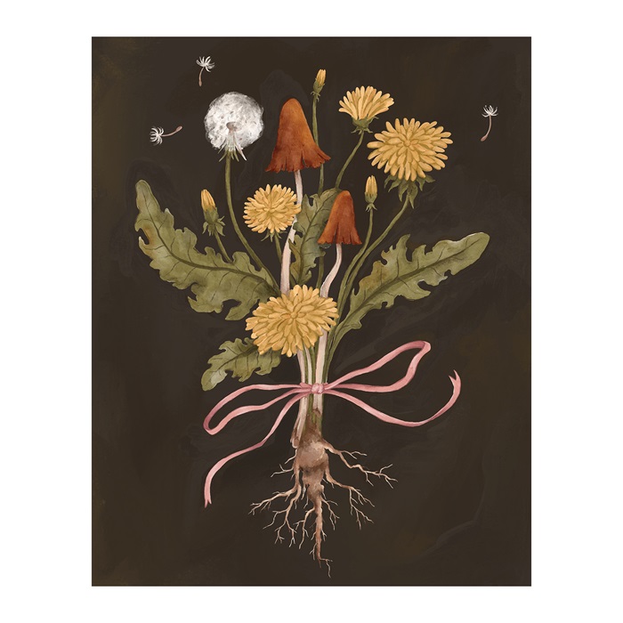 Botanical drawing of dandelions and roots with pink awareness ribbon