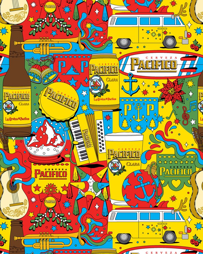 Holiday illustration suite blending Pacifico Beer branding and vibrant patterns