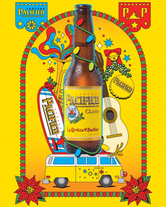 Pacifico Beer festive campaign art blending Mexican and California surf influences