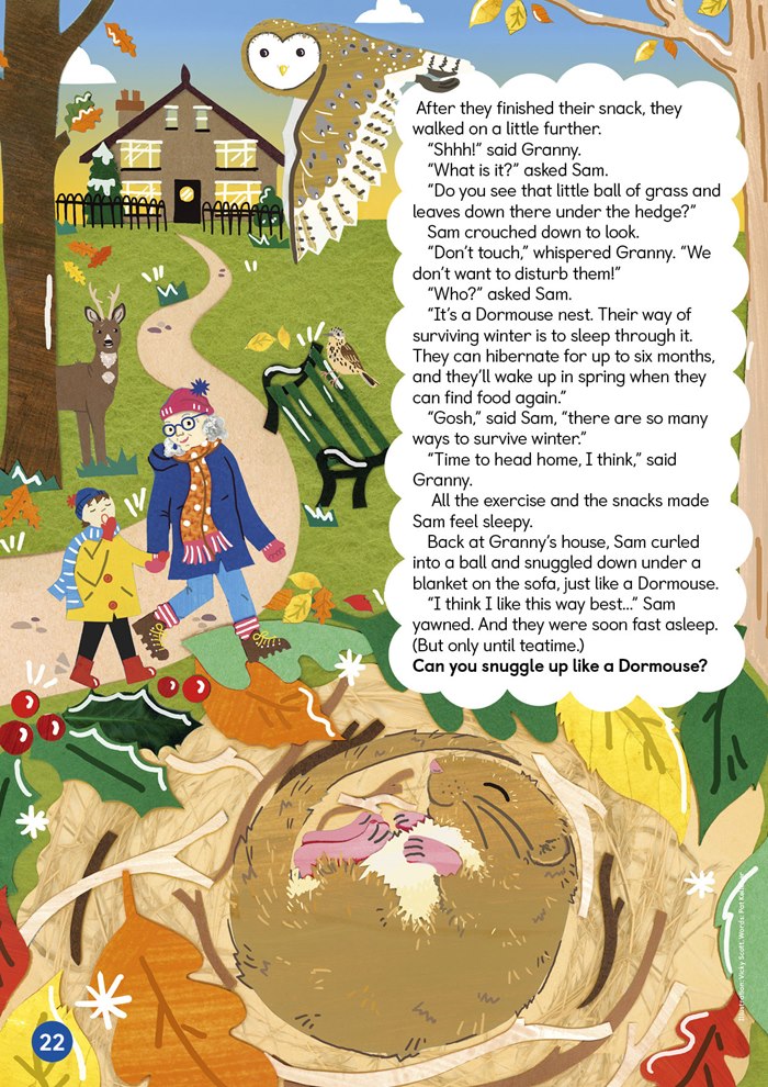 Spread of playful winter woodland adventure for children’s magazine