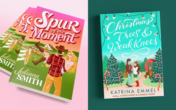 Festive romance book cover art for "Christmas Trees & Weak Knees"