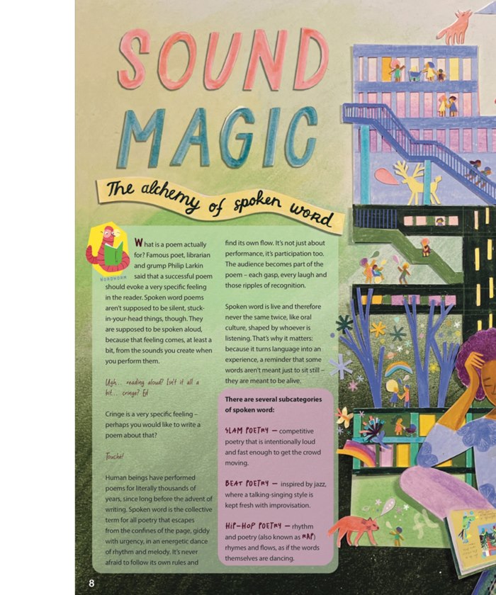 Double spread illustration about sound and spoken word