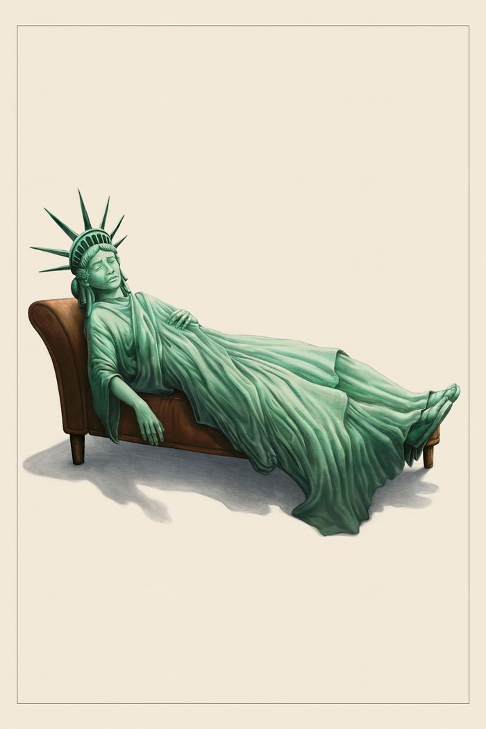 Illustration by Diego Abreu featuring Statue of Liberty on therapist couch