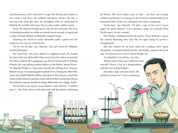Wartime laboratory scenes penicillin research illustration