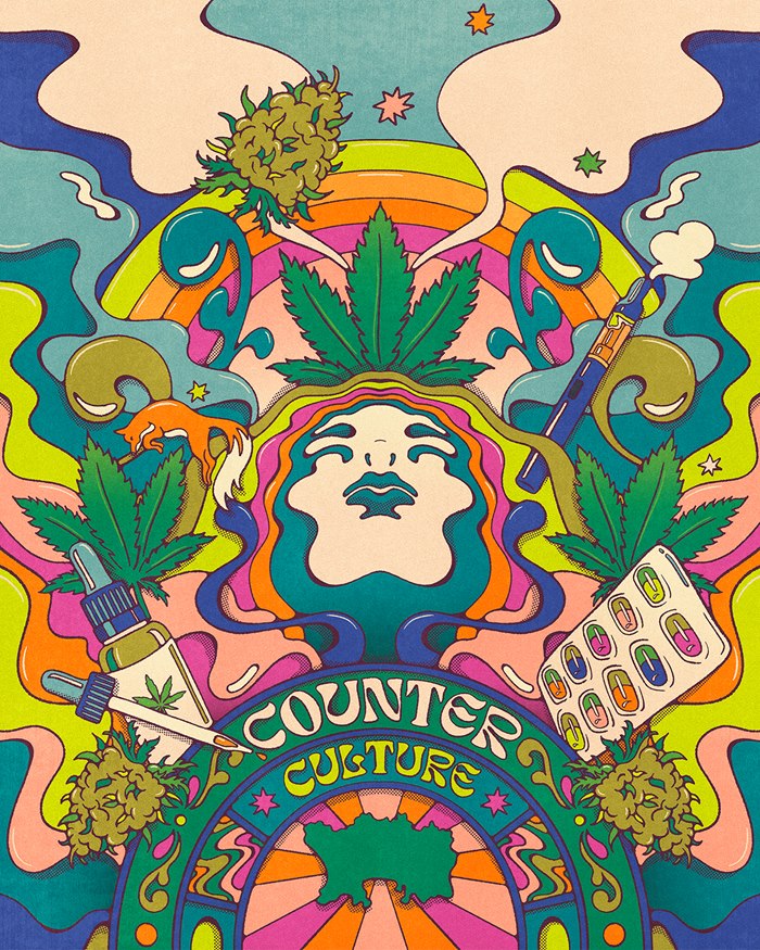 Retro style illustration cannabis feature editorial