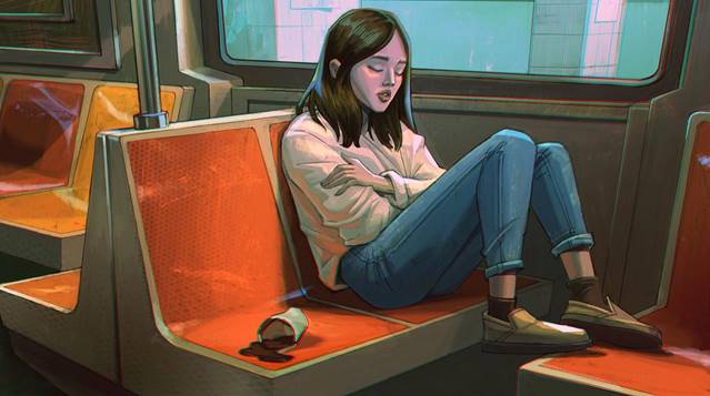 A lonely girl riding the late-night Q train