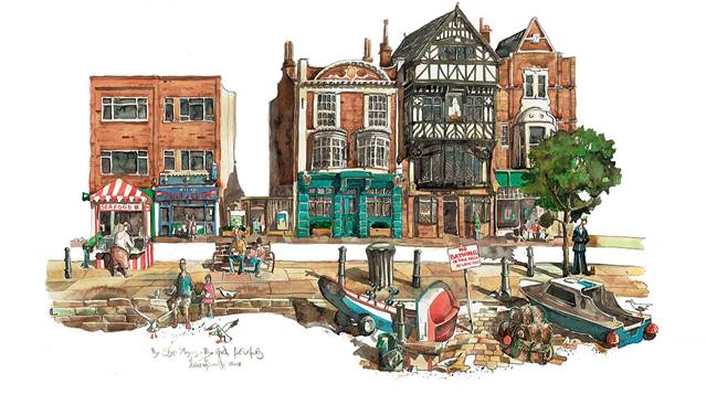 A watercolor painting of The Ship Anson pub in Portsmouth